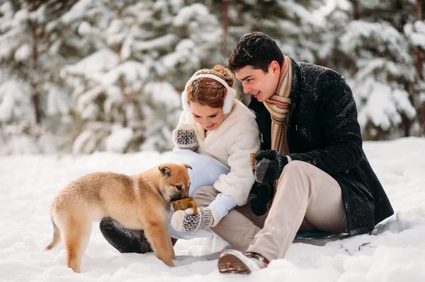 Casal com um cão na floresta de inverno — Fotografia de Stock