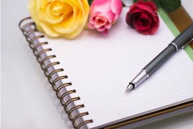 Gül ve tükenmez kalemle günlük notu (Düzenleyici, ajanda, kitap, günlük)