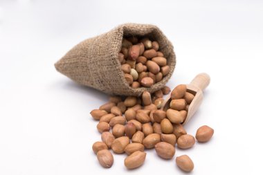 Beyaz arka plan üzerinde topçu çanta içinde fıstık