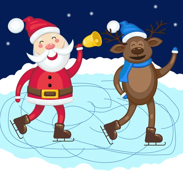 圣诞老人和驯鹿滑冰在溜冰场上 — 图库矢量图片