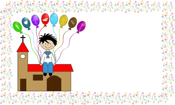 Niño comunión de la iglesia celebración de globos — Vector de stock