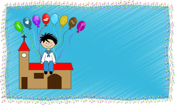 Çocuk cemaat balonlar mavi bir arka plan üzerinde tutarak Kilisesi