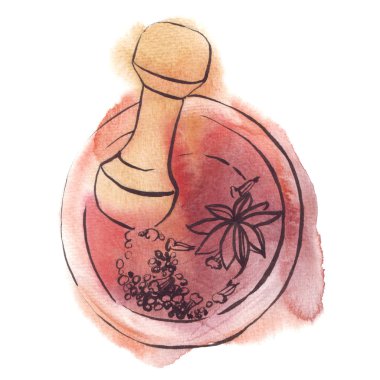 mortar with pestle spices watercolor illustration clipart
