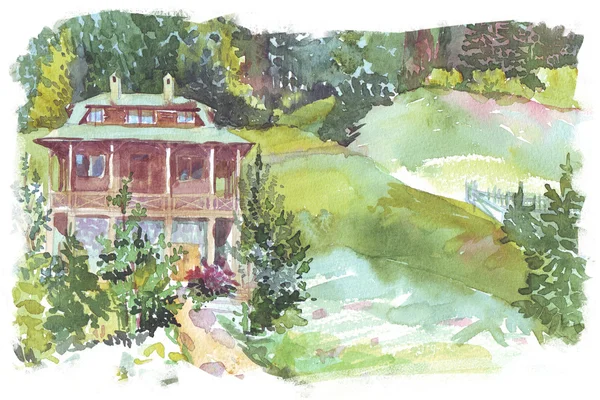 Illustration aquarelle chalet de montagne — Photo