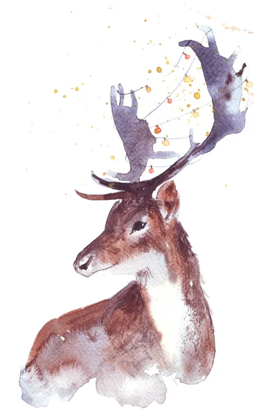 Vánoční akvarel jelen ručně malované ilustrace — Stock fotografie