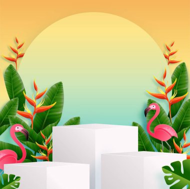 Yaz tatili vektör tasarımı 3d ürün podyumu renkli tropikal çiçeklerle helezon rostrata, yapraklar, doğa, flamingo, arka plan renkleriyle kesilmiş güneş elementleri kağıdı 