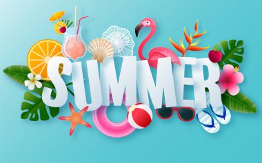 Plajlı yaz zamanı tatil vektör tasarımı, renkli tropikal çiçekler helyum çiçeği, meyve, deniz, doğa, yaz içeceği, denizin altında, mercan, flamingo, güneş, kum, kokteyl, arka planda kağıt kesimi tarzı..