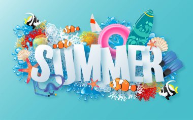 Plajlı yaz zamanı tatil vektör tasarımı, renkli tropikal çiçekler helyum çiçeği, meyve, deniz, doğa, yaz içeceği, denizin altında, mercan, flamingo, güneş, kum, kokteyl, arka planda kağıt kesimi tarzı..