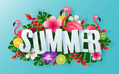 Plajlı yaz zamanı tatil vektör tasarımı, renkli tropikal çiçekler helyum çiçeği, meyve, deniz, doğa, yaz içeceği, denizin altında, mercan, flamingo, güneş, kum, kokteyl, arka planda kağıt kesimi tarzı..