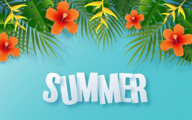 Plajlı yaz zamanı tatil vektör tasarımı, renkli tropikal çiçekler helyum çiçeği, meyve, deniz, doğa, yaz içeceği, denizin altında, mercan, flamingo, güneş, kum, kokteyl, arka planda kağıt kesimi tarzı..