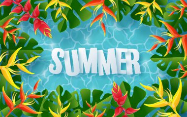 Plajlı yaz zamanı tatil vektör tasarımı, renkli tropikal çiçekler helyum çiçeği, meyve, deniz, doğa, yaz içeceği, denizin altında, mercan, flamingo, güneş, kum, kokteyl, arka planda kağıt kesimi tarzı.