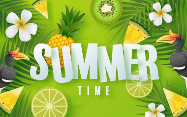 Plajlı yaz zamanı tatil vektör tasarımı, renkli tropikal çiçekler helyum çiçeği, meyve, deniz, doğa, yaz içeceği, denizin altında, mercan, flamingo, güneş, kum, kokteyl, arka planda kağıt kesimi tarzı.