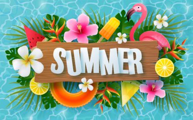 Plajlı yaz zamanı tatil vektör tasarımı, renkli tropikal çiçekler helyum çiçeği, meyve, deniz, doğa, yaz içeceği, denizin altında, mercan, flamingo, güneş, kum, kokteyl, arka planda kağıt kesimi tarzı..