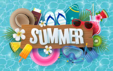 Plajlı yaz zamanı tatil vektör tasarımı, renkli tropikal çiçekler helyum çiçeği, meyve, deniz, doğa, yaz içeceği, denizin altında, mercan, flamingo, güneş, kum, kokteyl, arka planda kağıt kesimi tarzı.