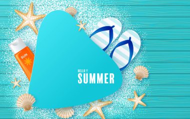 Plajlı yaz zamanı tatil vektör tasarımı, renkli tropikal çiçekler helyum çiçeği, meyve, deniz, doğa, yaz içeceği, denizin altında, mercan, flamingo, güneş, kum, kokteyl, arka planda kağıt kesimi tarzı.