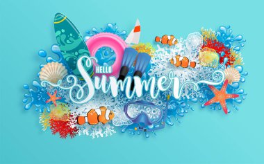 Plajlı yaz tatili vektör tasarımı, denizin altında renk dolu, kum, mercan, balık, kabuk ve arka plan renginde el işi stiliyle kesilmiş kağıt. 