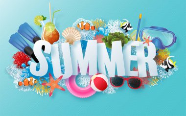 Plajlı yaz tatili vektör tasarımı, denizin altında renk dolu, kum, mercan, balık, kabuk ve arka plan renginde el işi stiliyle kesilmiş kağıt. 