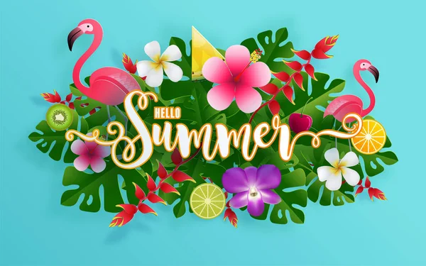 Zomer Vakantie Vector Ontwerp Met Strand Kleurrijke Tropische Bloemen Heliconia — Stockvector