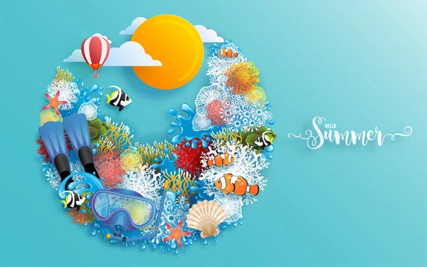 Design Vetor Férias Verão Com Praia Flores Tropicais Coloridas Heliconia — Vetor de Stock