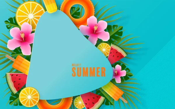 ビーチ カラフルな熱帯の花のヘリコニアの地層 夏の飲み物 サンゴ フラミンゴ カクテル 背景に紙カットスタイルで夏の休日のベクトルデザイン — ストックベクタ