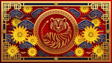 2022 yılında Çin 'de kaplan kırmızı ve altın çiçeği ve arka planda zanaat tarzıyla kesilmiş Asya elementleri. Çince yeni yıl 2022, kaplan yılı. )