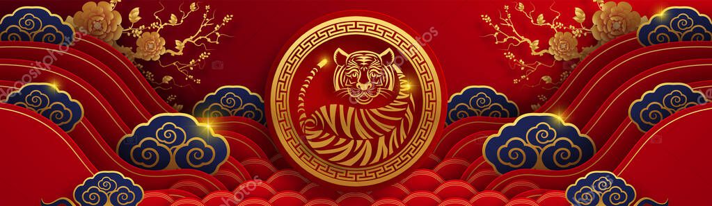 Chinese new year 2022 year of the tiger red and gold flower and asian elements paper cut with craft style on background.( translation : chinese new year 2022, year of tiger )