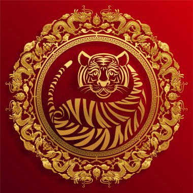 2022 yılında Çin 'de kaplan kırmızı ve altın çiçeği ve arka planda zanaat tarzıyla kesilmiş Asya elementleri. Çince yeni yıl 2022, kaplan yılı. )
