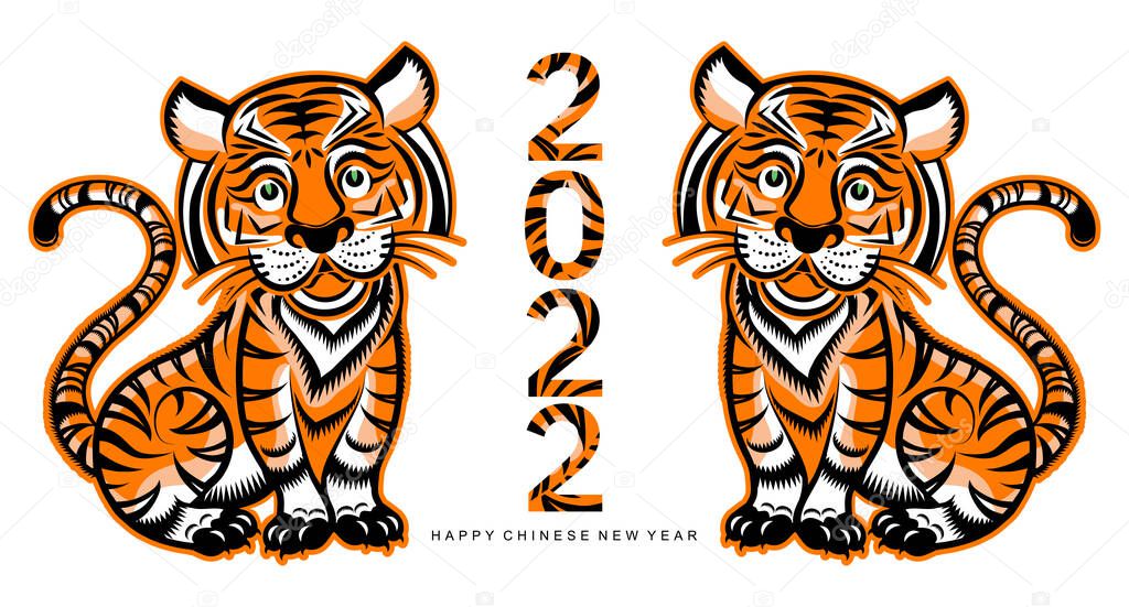Chinese new year 2022 year of the tiger red and gold flower and asian elements paper cut with craft style on background.( translation : chinese new year 2022, year of tiger )
