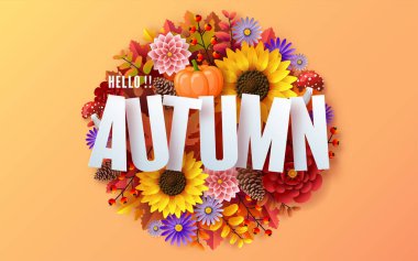 Autumn holiday seasonal background with colorful autumn leaves, mushrooms, owls, golden pods, squirrels, and elements paper cut craft style on color background