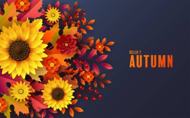 Autumn holiday seasonal background with colorful autumn leaves, mushrooms, owls, golden pods, squirrels, and elements paper cut craft style on color background