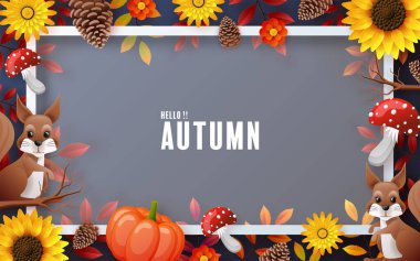Autumn holiday seasonal background with colorful autumn leaves, mushrooms, owls, golden pods, squirrels, and elements paper cut craft style on color background.