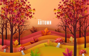 Autumn holiday seasonal background with colorful autumn leaves, mushrooms, owls, golden pods, squirrels, and elements paper cut craft style on color background.