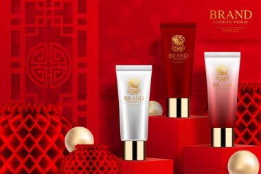 Cosmetic plastic tube ads on square podium and paper art Chinese new year red paper cut ,flower and asian elements with craft style on background.Cosmetic plastic tube ads on square podium and paper art Chinese new year 2021 year of the ox , red pape clipart