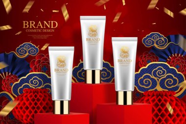 Cosmetic plastic tube ads on square podium and paper art Chinese new year red paper cut ,flower and asian elements with craft style on background.Cosmetic plastic tube ads on square podium and paper art Chinese new year 2021 year of the ox , red pape clipart