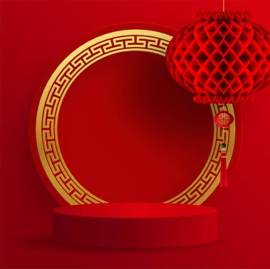 Podyum sahne podyumu ve kağıt sanatları Çin Yeni Yılı, Çin Festivalleri, Sonbahar ortası Festivali, kırmızı kağıt kesiği, çiçek ve arka planda zanaat tarzıyla Asyalı unsurlar.