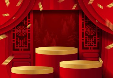 Podyum sahne podyumu ve kağıt sanatları Çin Yeni Yılı, Çin Festivalleri, Sonbahar ortası Festivali, kırmızı kağıt kesiği, çiçek ve arka planda zanaat tarzıyla Asyalı unsurlar.