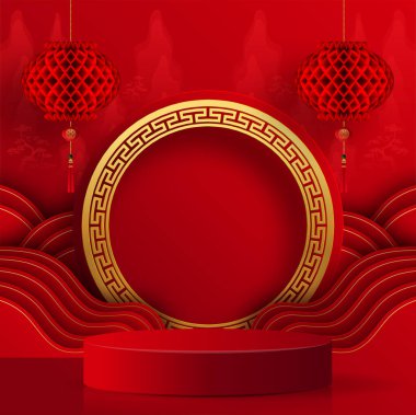 Podyum sahne podyumu ve kağıt sanatları Çin Yeni Yılı, Çin Festivalleri, Sonbahar ortası Festivali, kırmızı kağıt kesiği, çiçek ve arka planda zanaat tarzıyla Asyalı unsurlar.