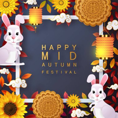 Sonbahar ortası festivali tanrıçası, tavşan ve ay, ay pastası, çiçek, altın kağıtlı Çin fenerleri, arka planda renk kesimi. (Çince çeviri: sonbahar ortası festivali )