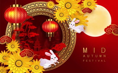 Sonbahar ortası festivali tanrıçası, tavşan ve ay, ay pastası, çiçek, altın kağıtlı Çin fenerleri, arka planda renk kesimi. (Çince çeviri: sonbahar ortası festivali )