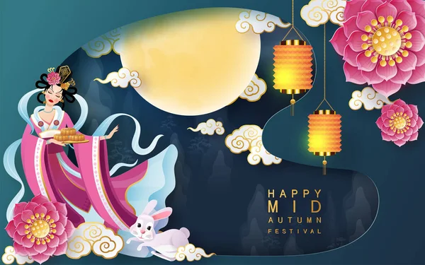 Mid Autumn Festival Lua Deusa Chang Com Coelho Lua Mooncake —  Vetores de Stock