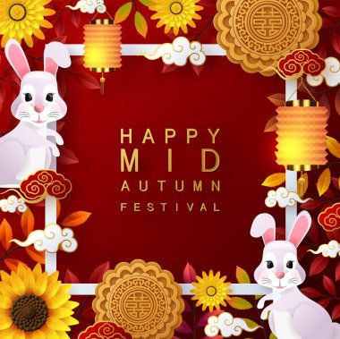 Sonbahar ortası festivali tanrıçası, tavşan ve ay, ay pastası, çiçek, altın kağıtlı Çin fenerleri, arka planda renk kesimi. (Çince çeviri: sonbahar ortası festivali )