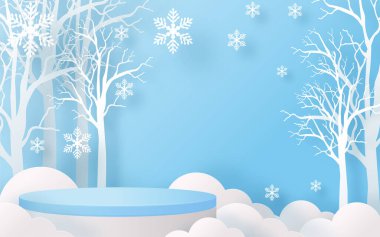 Noel ve Yeni Yıl podyumu arka plan vektör tasarımı 3D ürünler ya da kozmetik ürün gösterimi. Sahne kaidesi ya da platformu. Kış Noel kırmızı arka plan.