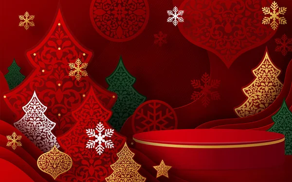 Noel ve Yeni Yıl podyumu arka plan vektör tasarımı 3D ürünler ya da kozmetik ürün gösterimi. Sahne kaidesi ya da platformu. Kış Noel kırmızı arka plan.
