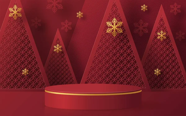 Noel ve Yeni Yıl podyumu arka plan vektör tasarımı 3D ürünler ya da kozmetik ürün gösterimi. Sahne kaidesi ya da platformu. Kış Noel kırmızı arka plan.