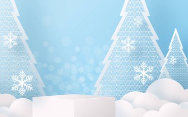 Noel ve Yeni Yıl podyumu arka plan vektör tasarımı 3D ürünler ya da kozmetik ürün gösterimi. Sahne kaidesi ya da platformu. Kış Noel kırmızı arka plan.