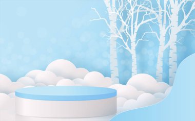 Noel ve Yeni Yıl podyumu arka plan vektör tasarımı 3D ürünler ya da kozmetik ürün gösterimi. Sahne kaidesi ya da platformu. Kış Noel kırmızı arka plan.