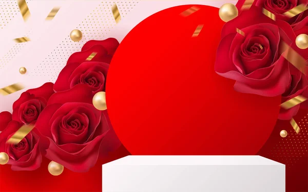 Kontekst Produktów Walentynek Podium Czerwonej Róży Wektor Tła Cylindrem Stoisko — Wektor stockowy