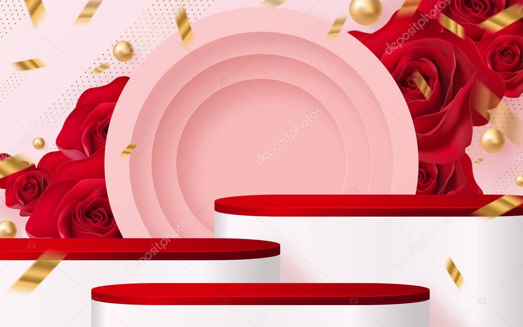 3d Background products for valentines day podium in red rose background vector 3d with cylinder. podium stand to show cosmetic product with craft style on background.
