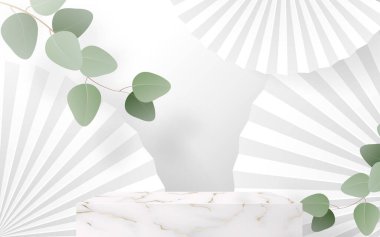 Ökaliptüs yapraklı mermer kürsü aşk platformunda. silindirli 3d arkaplan vektörü. Podyum, kozmetik ürünleri zanaat tarzıyla gösterecek.