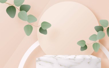 Arkaplan ürünleri mermer podyum ve okaliptüs yapraklı aşk platformu. silindirli 3d arkaplan vektörü. Podyum, kozmetik ürünleri zanaat tarzıyla gösterecek.